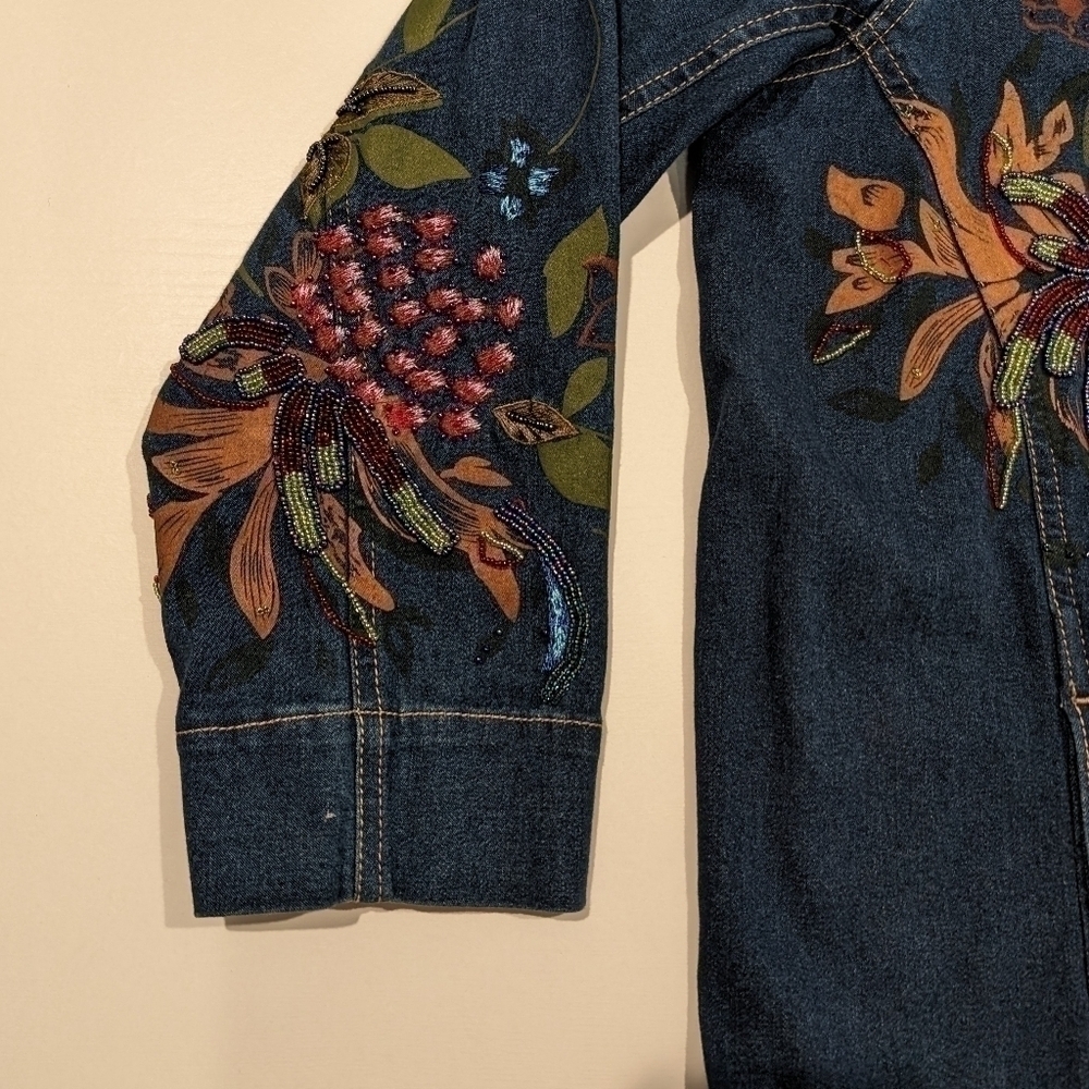 Susan Graver Bohemian Beaded  Embroidered Painted Denim Chore Jacket Floral  1X - Picture 7 of 16